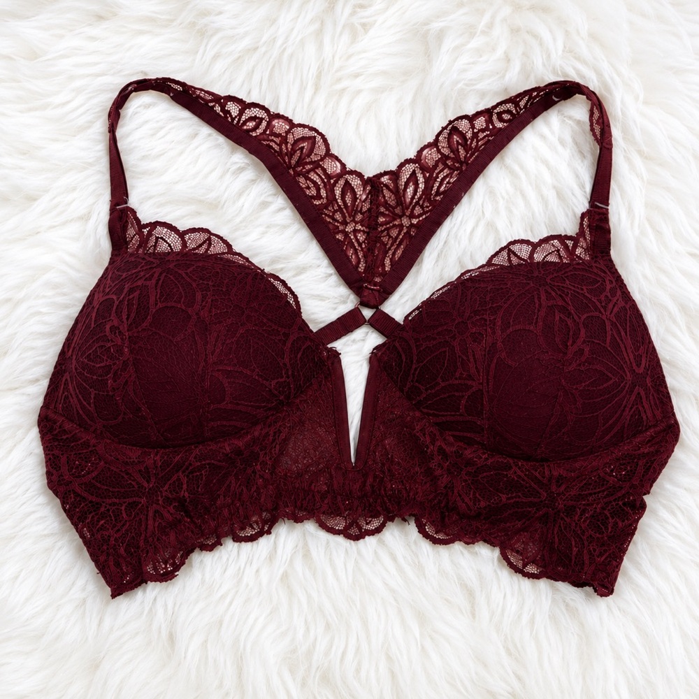 Victoria’s Secret Date Push-Up Bra Burgundy Lace Pink Lining Size M C80